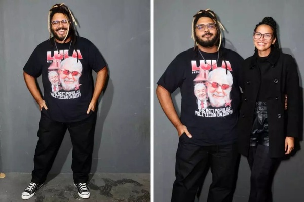 Paulo Vieira chega com camiseta de Lula para show em SP