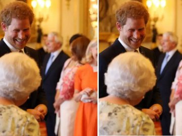 Príncipe Harry olha sorridente para a avó, Rainha Elizabeth II